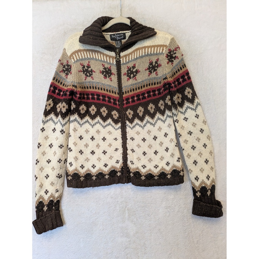 Reference Point Full Zip Cardigan Women's Medium Brown Fair Isle Wool Blend Knit